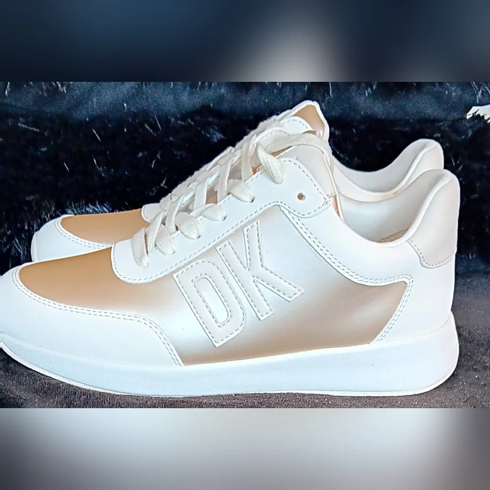 DKNY Metallic Gold and Cream Platform Sneakers Women's Size 7.5 M NWOT - Picture 2 of 7
